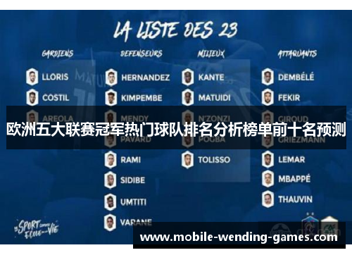 欧洲五大联赛冠军热门球队排名分析榜单前十名预测